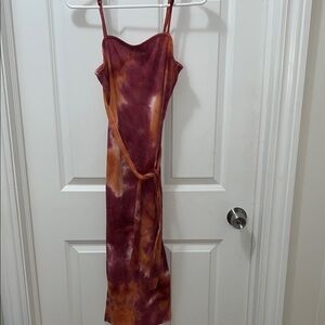Tie-Dye Ribbed Slip Dress in Burgundy & Orange midi length NWOT